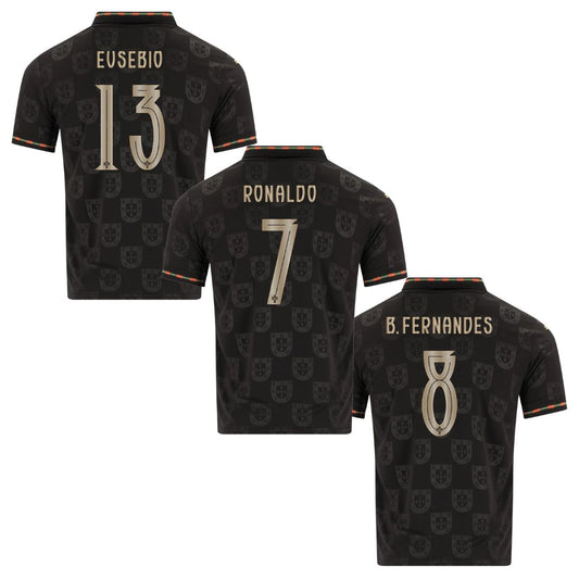 Camiseta de aficionado de Portugal Pantera Negra 2025/26 - #7 Ronaldo, #13 Eusebio, #8 B. Fernandes 
